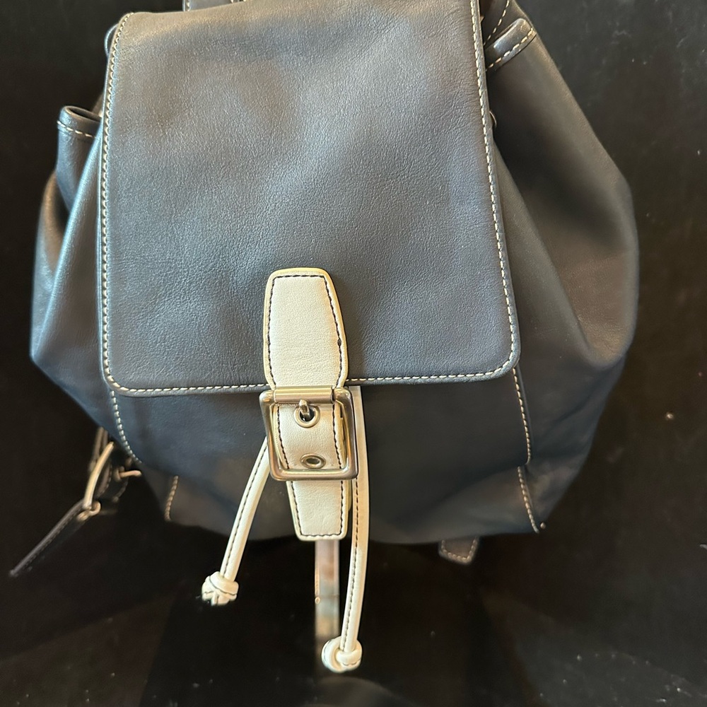 Coach Leather Drawstring Backpack with Contrast Trim - Navy  & Cream - Picture 3 of 16